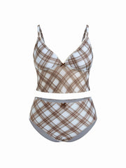 V-neck Checks Bowknot Tankini & Mid Rise Full Coverage Bikini Bottom Set Curve & Plus