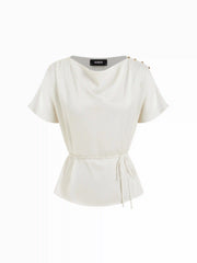 Satin Cowl Neck Metal Detail Tie Waist Blouse