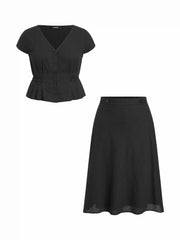 Cotton V-Neck Button Front Peplum Top & Mid Rise A-line Maxi Skirt Set Curve & Plus