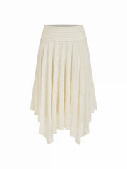 Textured Lace Ruched Mid Rise Asymmetrical Hem Flared Midi Skirt