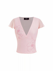 Floral Embroidery Rhinestone V-Neck Ruffle Sleeve Top