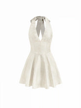 Jacquard Sculptural Halter V-neck Lace Up Backless Ruffle Mini Dress