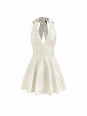 Jacquard Sculptural Halter V-neck Lace Up Backless Ruffle Mini Dress