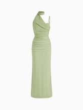 Mesh Halter Neckline Ruched Maxi Dress With Scarf