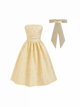 Jacquard Sculptural Ruched Lace Up Bandeau Flared Maxi Dress With Bowknot Scarf