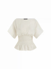 Linen-blend Boat Neck Ruched Batwing Sleeve Blouse