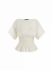Linen-blend Boat Neck Ruched Batwing Sleeve Blouse