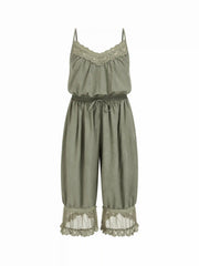 V-neck Lace Panel Drawstring Capri Bloomer Jumpsuit