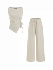 Linen-blend Boat Neck Knotted Top & Mid Rise Capri Straight Leg Trousers Set