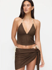 Texture Halter Neckline Lettuce Trim Knotted Tankini Tie Side Bikini Set With Sarong