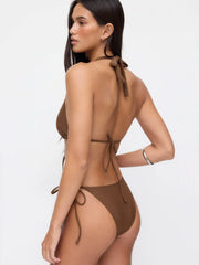 Halter Neckline Rivet Knotted 3 Piece Bikini Set With Shorts