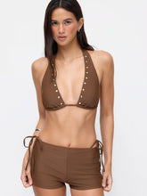 Halter Neckline Rivet Knotted 3 Piece Bikini Set With Shorts