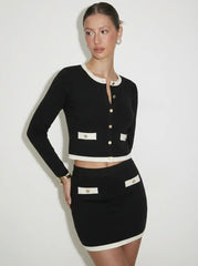 Knit Contrasting Trim Button Front Cardigan & Low Rise Bodycon Skirt Set