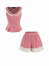 Cotton-blend Gingham Ruched Top & Mid Rise Lace Trim Shorts Set