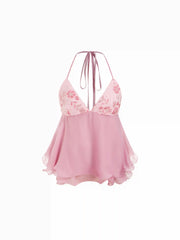Chiffon Halter Neckline Floral Sequin Ruffled Cami Blouse