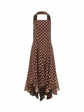 Chiffon Halter Neckline Polka Dot Ruffled Hem Ruched Maxi Dress