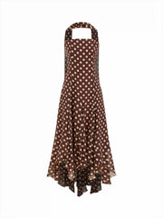 Chiffon Halter Neckline Polka Dot Ruffled Hem Ruched Maxi Dress