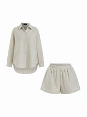Linen-blend Collar Stripe Button Shirts & Mid Rise Shorts Set