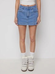 Washed Denim High Rise Slim Leggings Micro Shorts with Metal Detail