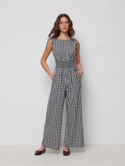 Cotton Gingham Boat Neck Drawstring Wide Leg Jumpsuit