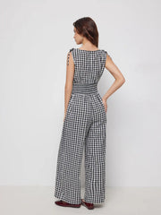 Cotton Gingham Boat Neck Drawstring Wide Leg Jumpsuit