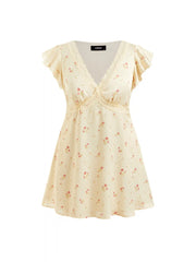 V-neck Floral Lace Trim Tie Back Ruffle Sleeve A-line Mini Dress Curve & Plus