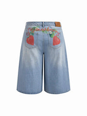 Washed Denim Mid Rise Strawberry Graphic Wide Leg Bermuda Shorts Curve & Plus