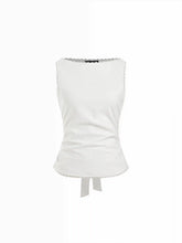 Linen-blend Boat Neck Lace Trim Knotted Sleeveless Blouse