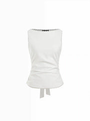 Linen-blend Boat Neck Lace Trim Knotted Sleeveless Blouse