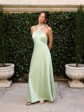 Satin Halter Neck Twist Knotted A-line Maxi Dress