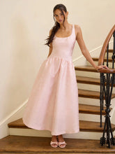 Jacquard Sculptural Square Neck Lace Up Ruffled Flared Maxi Dress