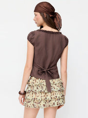 Mesh Low Rise Deer Print Bowknot Layered Mini Skort