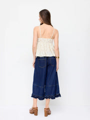Washed Denim Low Rise Elastic Waist Wide Leg Cropped Bloomer Jeans