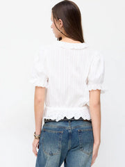 Cotton-blend Puff Sleeve Lace Trim Broderie Anglaise Oversized Blouse