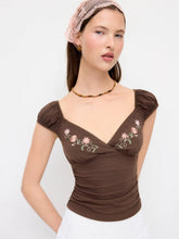 Cotton-blend V-Neck Floral Embroidery Ruched Puff Sleeve Top