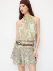 Chiffon Paisley Halter Neckline Shirred Layered Mini Dress
