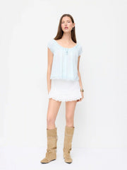 Textured Floral Embroidery Ruched Low Rise A-line Mini Skirt
