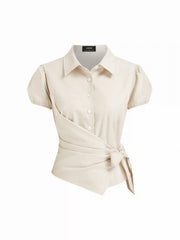Linen-blend Puff Sleeve Wrap Tie-Front Blouse