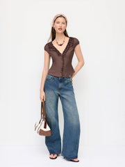 Textured V-Neck Puff Sleeve Bowknot Ruffled Blouse
