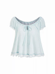 Textured Scoop Neck Drawstring Lace Trim Oversized Top