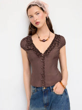 Textured V-Neck Puff Sleeve Bowknot Ruffled Blouse