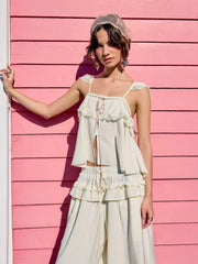 Square Neck Lace Trim Knotted Ruffled Sleeve Blouse