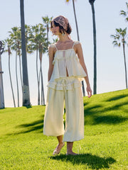 Square Neck Lace Trim Knotted Ruffled Sleeve Blouse
