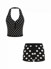 Knit Polka Dot Halter Neck Crop Top & Micro Shorts Set
