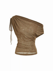Linen-blend See-Through Off-shoulder Drawstring Top