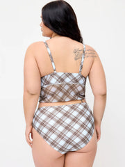 V-neck Checks Bowknot Tankini & Mid Rise Full Coverage Bikini Bottom Set Curve & Plus
