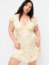 V-neck Floral Lace Trim Tie Back Ruffle Sleeve A-line Mini Dress Curve & Plus