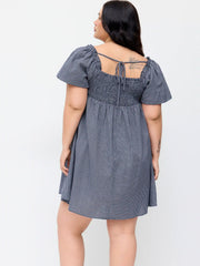 Cotton-blend Square Neck Plaid Puff Sleeve Smock Mini Dress Curve & Plus