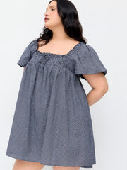 Cotton-blend Square Neck Plaid Puff Sleeve Smock Mini Dress Curve & Plus