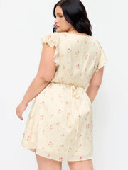 V-neck Floral Lace Trim Tie Back Ruffle Sleeve A-line Mini Dress Curve & Plus